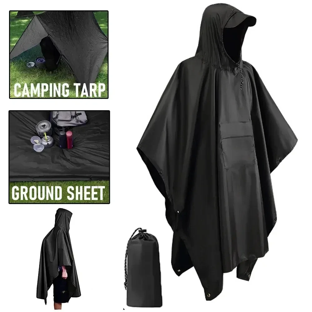 Poncho de Pluie Militaire 3-en-1 Noir – Imperméable Multifonction, Abri de Survie & Tapis de Sol pour Randonnée et Camping – Image 3