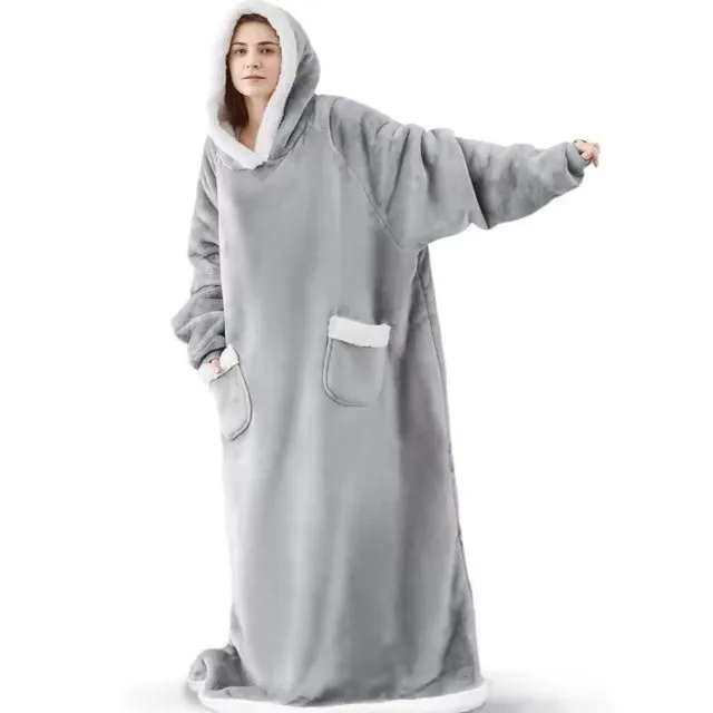 Poncho Polaire Géant Gris à Capuche – Sweat Plaid Oversize Ultra Chaud pour Homme et Femme – Image 7