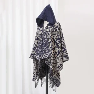 Poncho Homme Hiver Bleu Marine – Cape à Capuche Imitation Laine, Tissé avec Fente Latérale, Style Moderne et Confortable