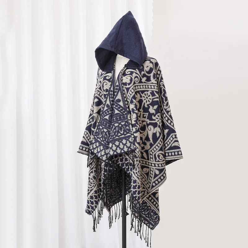 Poncho Homme Hiver Bleu Marine – Cape à Capuche Imitation Laine, Tissé avec Fente Latérale, Style Moderne et Confortable