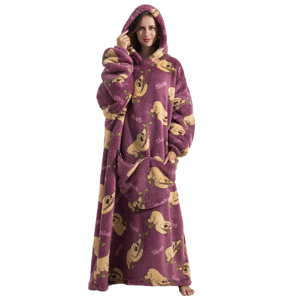 Poncho Couverture Oversize Violet Paresseux en Polaire Sherpa – Sweat à Capuche Ultra Chaud pour Adulte