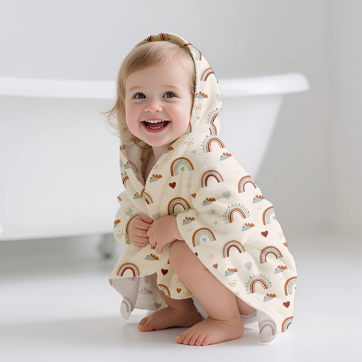 Poncho de Bain à Capuche Beige pour Enfants – Serviette de Plage/Peignoir avec Imprimés Arc en Ciel – Image 3