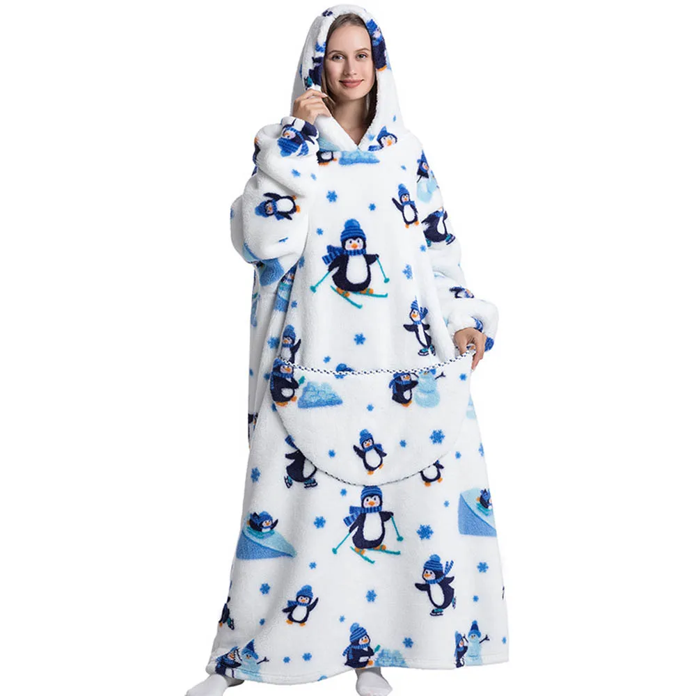 Poncho Couverture Oversize Blanc Pinguoin en Polaire Sherpa – Sweat à Capuche Ultra Chaud pour Adulte