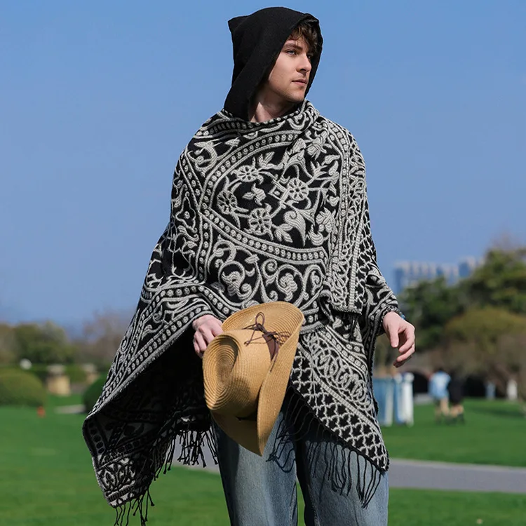 Poncho Homme Hiver Noir et Blanc – Cape à Capuche Imitation Laine, Tissé avec Fente Latérale, Style Moderne et Confortable – Image 2