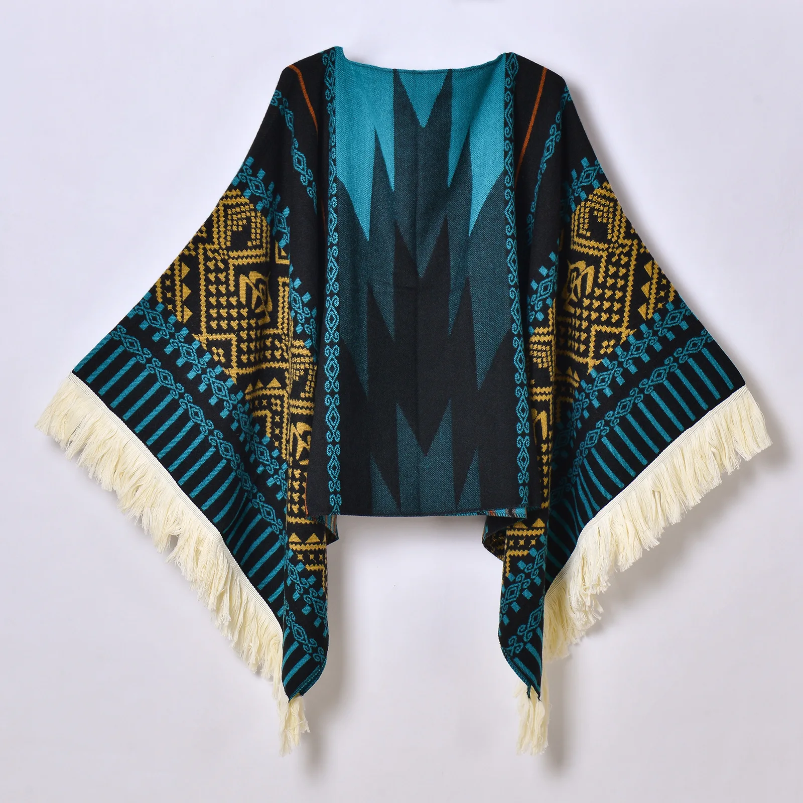 Poncho d’Hiver à Capuche Noir et Turquoise Style Ethnique – Cape Jacquard Chaude avec Franges pour Femme et Homme