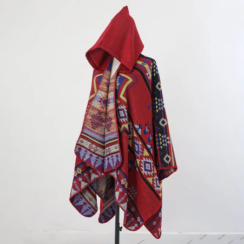 Cape Poncho Homme Rouge Premium – Style Alpaga & Cachemire, Look Ethnique Chic
