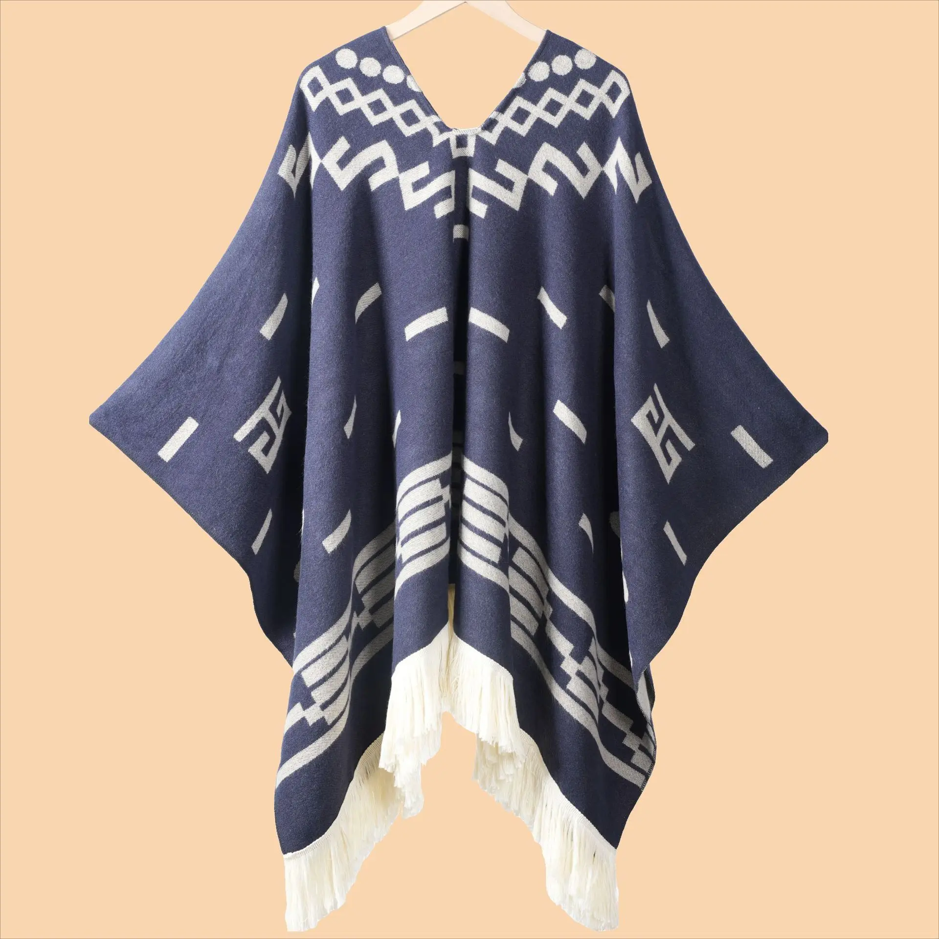 Poncho Bleu Homme Ethnique à Motifs Géométriques – Maille Épaisse Style Nomade