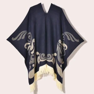 Poncho d’Hiver à Capuche Bleu Marine et Blanc Style Ethnique – Cape Jacquard Chaude avec Franges pour Femme et Homme