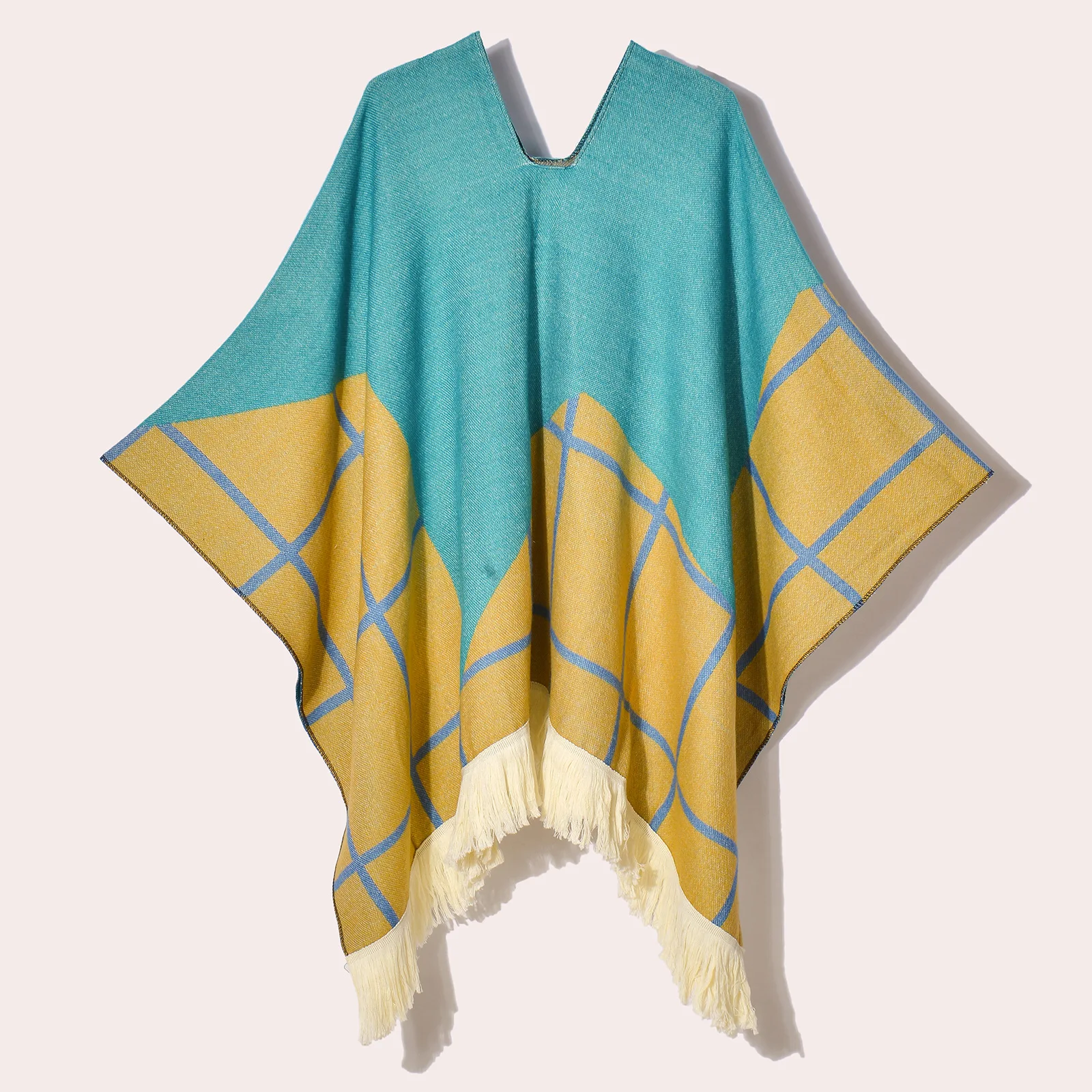 Poncho d’Hiver à Capuche Bleu et Jaune à Carreaux Style Ethnique – Cape Jacquard Chaude avec Franges pour Femme et Homme