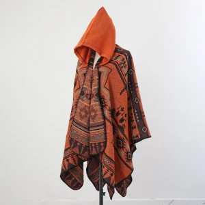 Cape Poncho Homme Orange Premium – Style Alpaga & Cachemire, Look Ethnique Chic