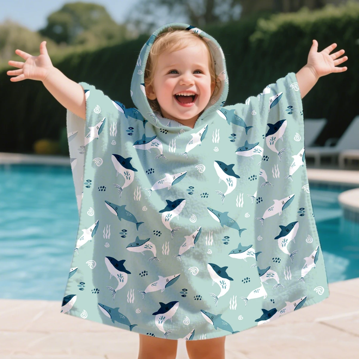 Poncho de Bain à Capuche Vert pour Enfants – Serviette de Plage/Peignoir avec Imprimés Poissons