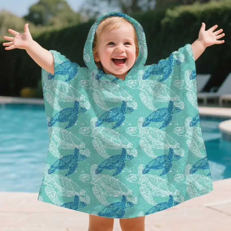 Poncho de Bain à Capuche Bleu pour Enfants – Serviette de Plage/Peignoir avec Imprimés Tortues