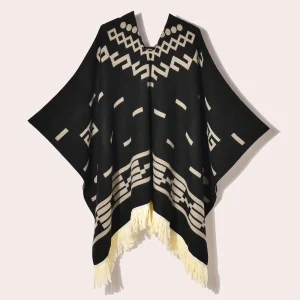 Poncho Noir Homme Ethnique à Motifs Géométriques – Maille Épaisse Style Nomade