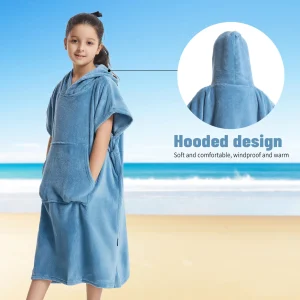 Poncho de Bain Enfant en Microfibre Bleu – Serviette Douce à Capuche pour 5 à 12 Ans
