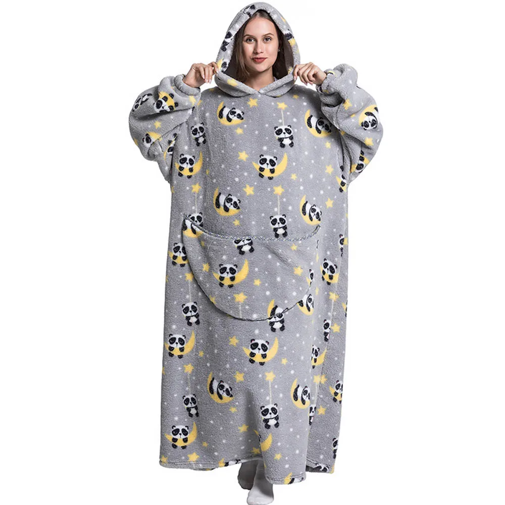 Poncho Couverture Oversize Gris Panda en Polaire Sherpa – Sweat à Capuche Ultra Chaud pour Adulte