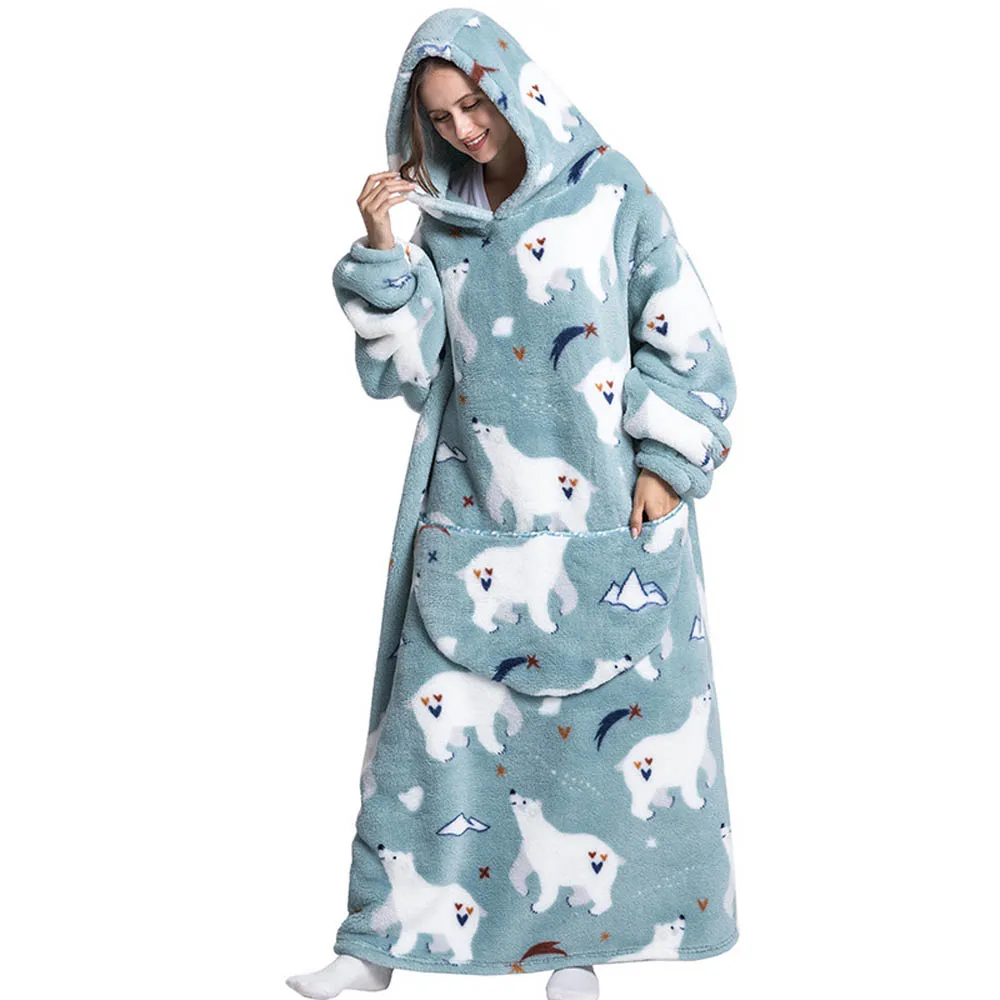 Poncho Couverture Oversize Bleu motif Ours en Polaire Sherpa – Sweat à Capuche Ultra Chaud pour Adulte