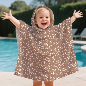 Poncho de Bain à Capuche Marron pour Enfants – Serviette de Plage/Peignoir avec Imprimés Fleurs