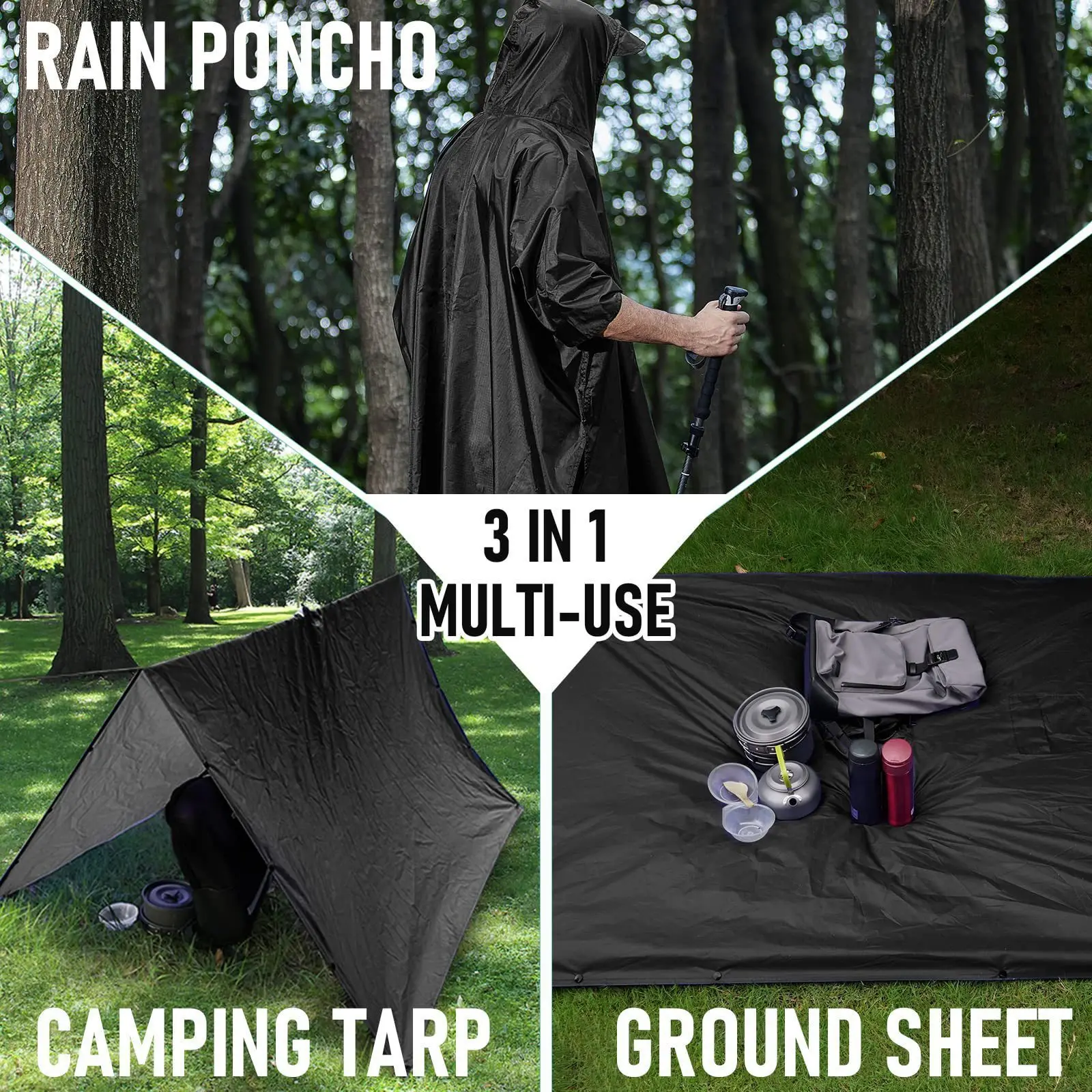 Poncho de Pluie Militaire 3-en-1 Noir – Imperméable Multifonction, Abri de Survie & Tapis de Sol pour Randonnée et Camping – Image 8