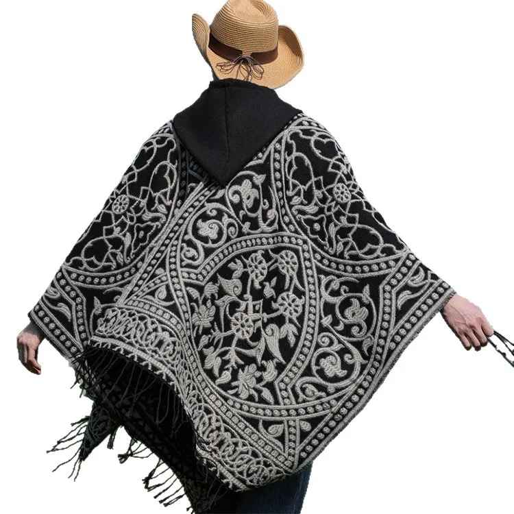 Poncho Homme Hiver Noir et Blanc – Cape à Capuche Imitation Laine, Tissé avec Fente Latérale, Style Moderne et Confortable – Image 5