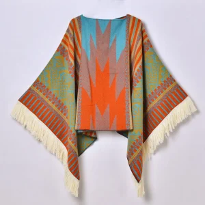 Poncho d’Hiver à Capuche Multicolore Style Ethnique – Cape Jacquard Chaude avec Franges pour Femme et Homme