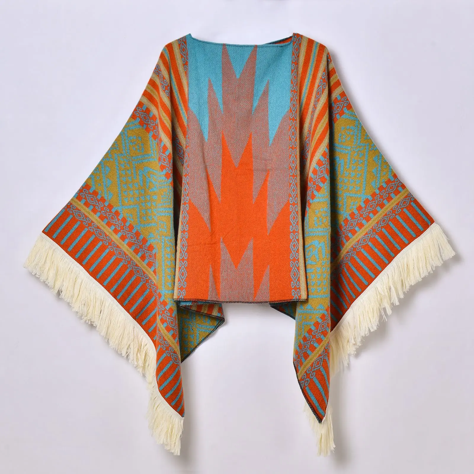 Poncho d’Hiver à Capuche Multicolore Style Ethnique – Cape Jacquard Chaude avec Franges pour Femme et Homme