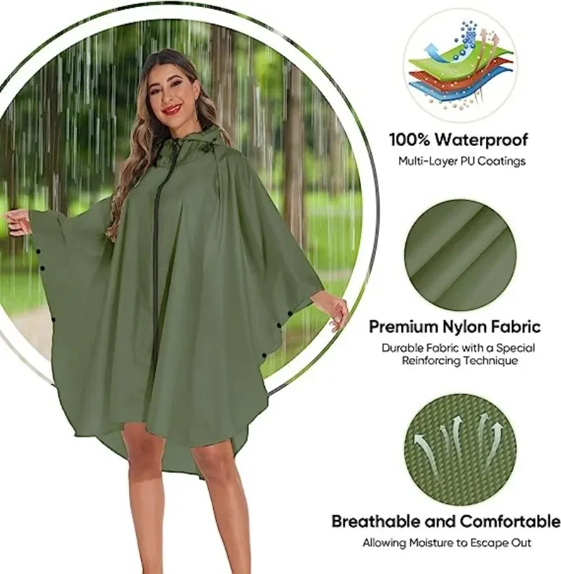 Veste-Poncho de Pluie Imperméable à Capuche Femme Vert – Ultra-Légère, Réutilisable et Idéale pour la Randonnée et l'Outdoor – Image 6