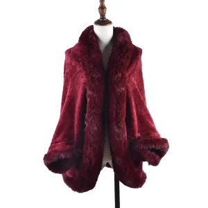 Cape Poncho polaire Rouge Bordeaux Femme à Manches Chauve‑Souris – Manteau Douillet en Peluche pour Femme, Coupe Large et Chaude