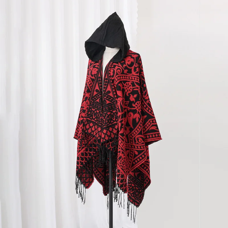 Poncho Homme Hiver Noir et Rouge – Cape à Capuche Imitation Laine, Tissé avec Fente Latérale, Style Moderne et Confortable