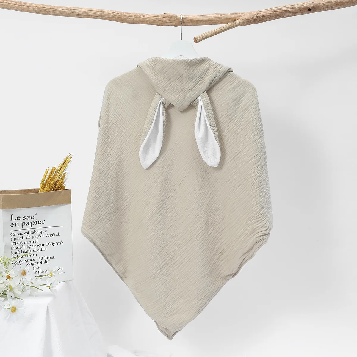 Serviette de Bain Bébé à Capuche Kaki en Coton – Cape Douce avec Oreilles de Lapin, Peignoir et Couverture d’Enveloppement pour Nouveau‑Nés et Enfants