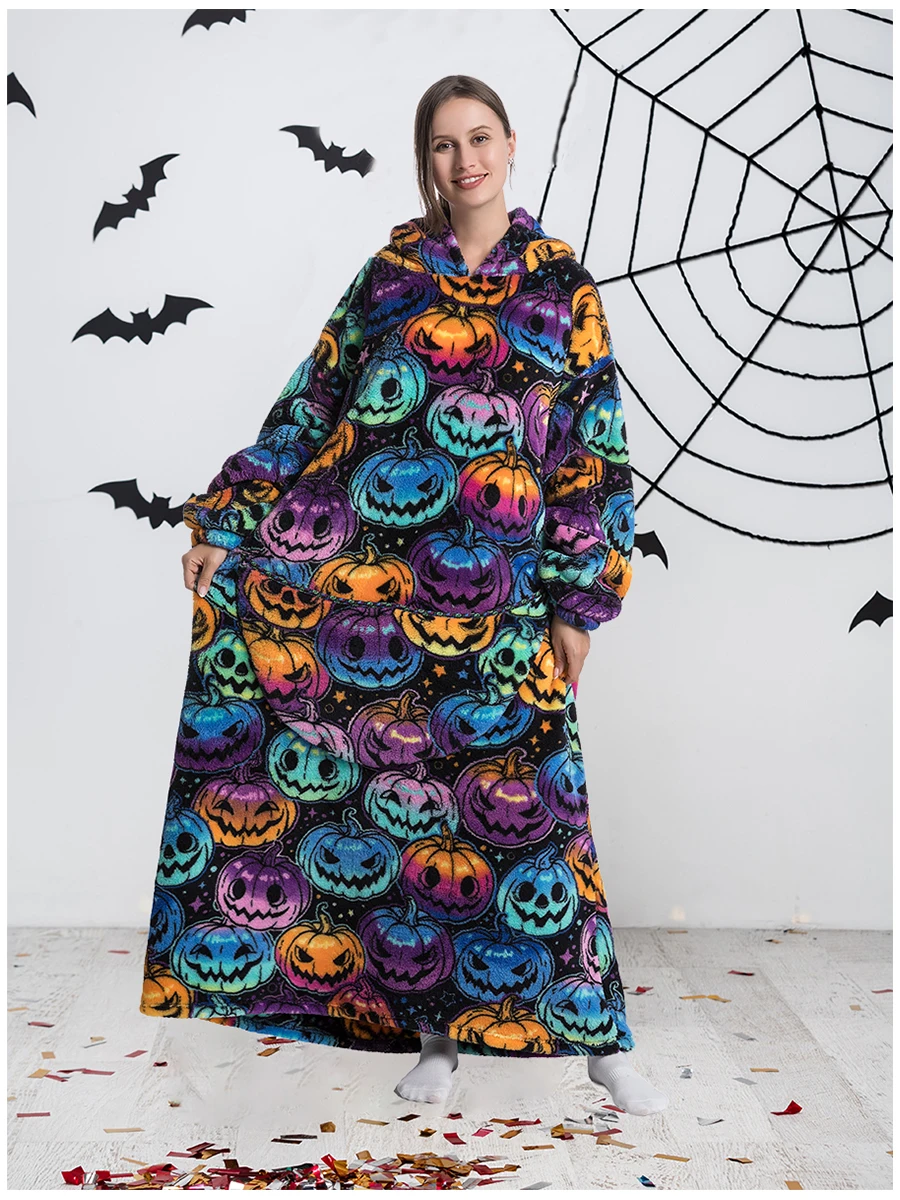 Poncho Couverture Oversize Noir Halloween en Polaire Sherpa – Sweat à Capuche Ultra Chaud pour Adulte – Image 4