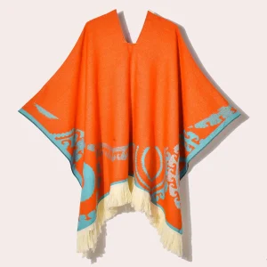 Poncho d’Hiver à Capuche Orange et Turquoise Style Ethnique – Cape Jacquard Chaude avec Franges pour Femme et Homme