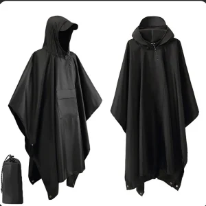 Poncho de Pluie Militaire 3-en-1 Noir – Imperméable Multifonction, Abri de Survie & Tapis de Sol pour Randonnée et Camping