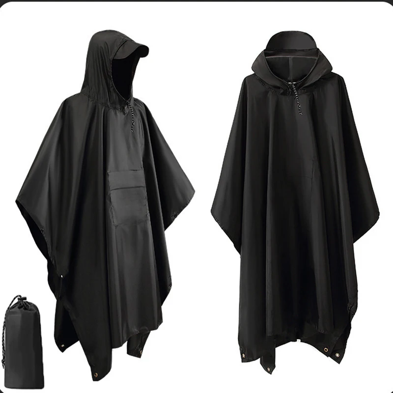 Poncho de Pluie Militaire 3-en-1 Noir – Imperméable Multifonction, Abri de Survie & Tapis de Sol pour Randonnée et Camping