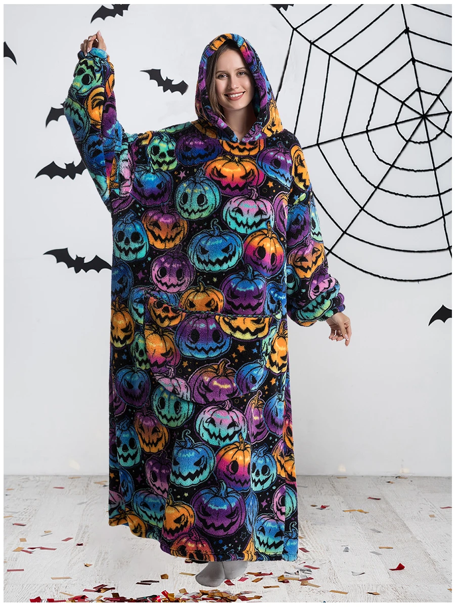 Poncho Couverture Oversize Noir Halloween en Polaire Sherpa – Sweat à Capuche Ultra Chaud pour Adulte – Image 2