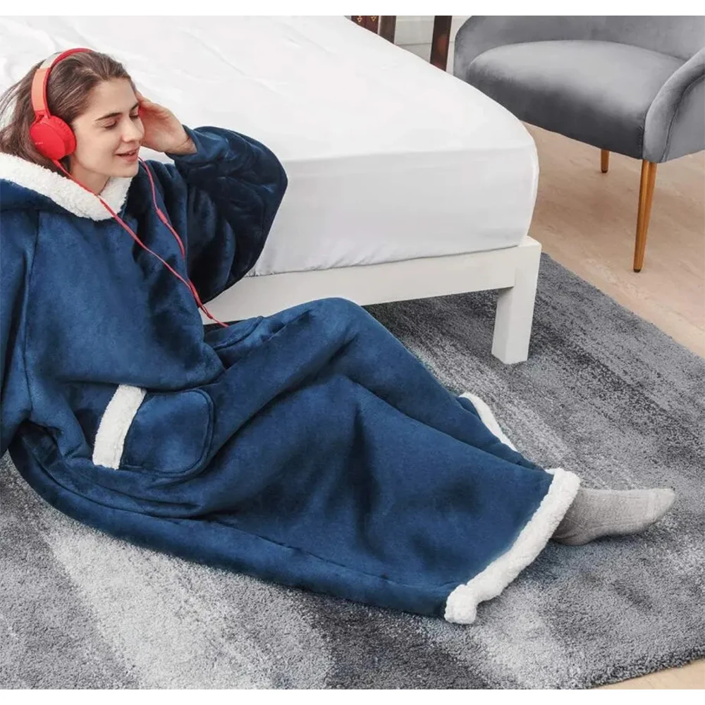 Poncho Polaire Géant Bleu à Capuche – Sweat Plaid Oversize Ultra Chaud pour Homme et Femme – Image 3