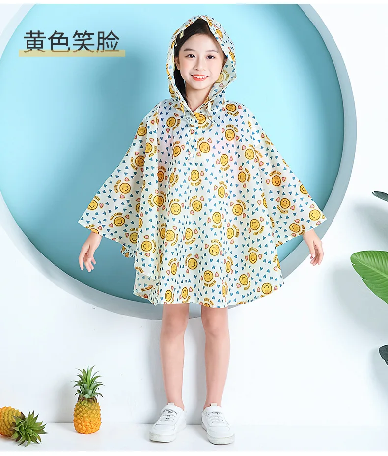 Poncho de Pluie Enfant Imperméable Jaune motif sourire – Cape Légère avec Capuche pour École et Extérieur – Image 2