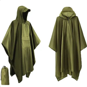 Poncho de Pluie Militaire 3-en-1 Vert – Imperméable Multifonction, Abri de Survie & Tapis de Sol pour Randonnée et Camping