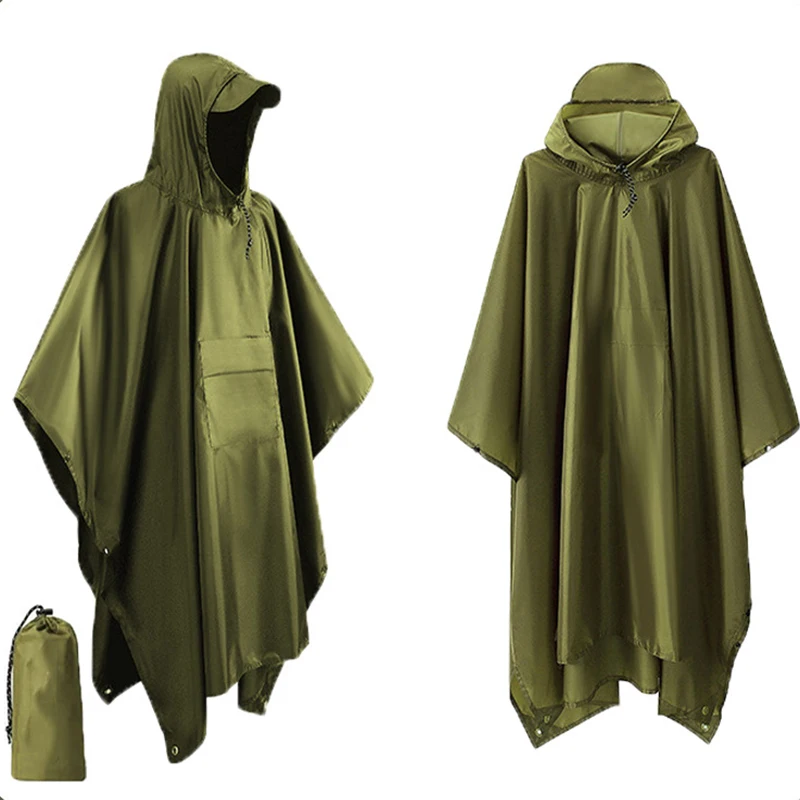 Poncho de Pluie Militaire 3-en-1 Vert – Imperméable Multifonction, Abri de Survie & Tapis de Sol pour Randonnée et Camping