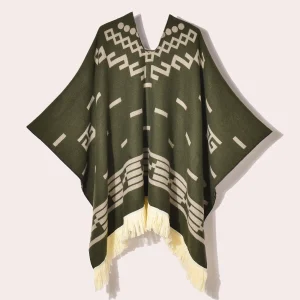 Poncho Vert Homme Ethnique à Motifs Géométriques – Maille Épaisse Style Nomade