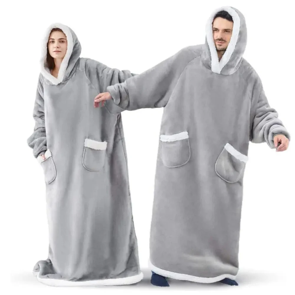 Poncho Polaire Géant Gris à Capuche – Sweat Plaid Oversize Ultra Chaud pour Homme et Femme – Image 3