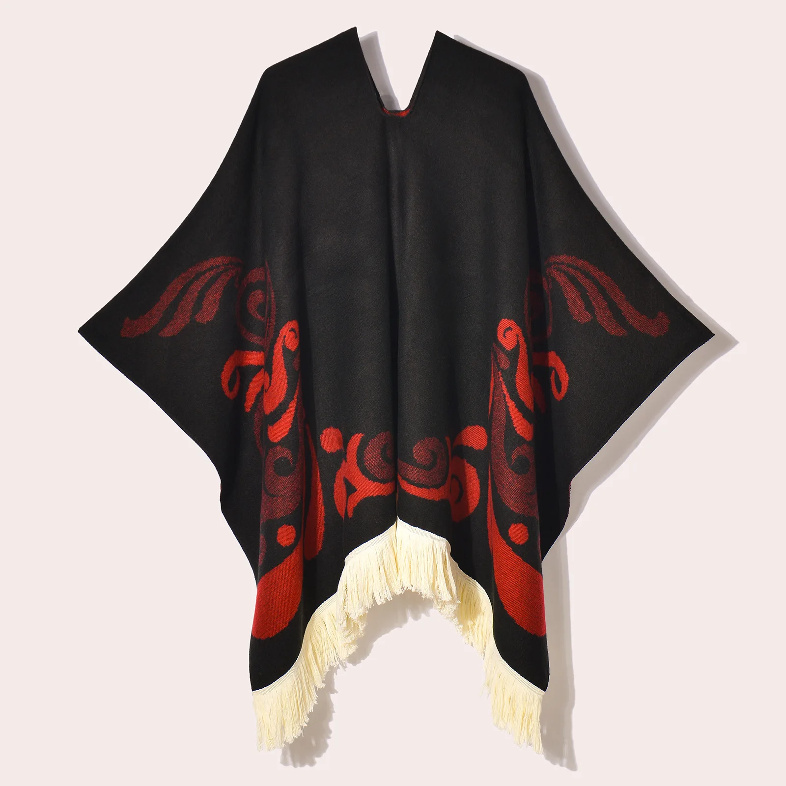 Poncho d’Hiver à Capuche Noir et Rouge Style Ethnique – Cape Jacquard Chaude avec Franges pour Femme et Homme