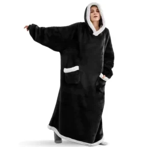 Poncho Polaire Géant Noir à Capuche – Sweat Plaid Oversize Ultra Chaud pour Homme et Femme