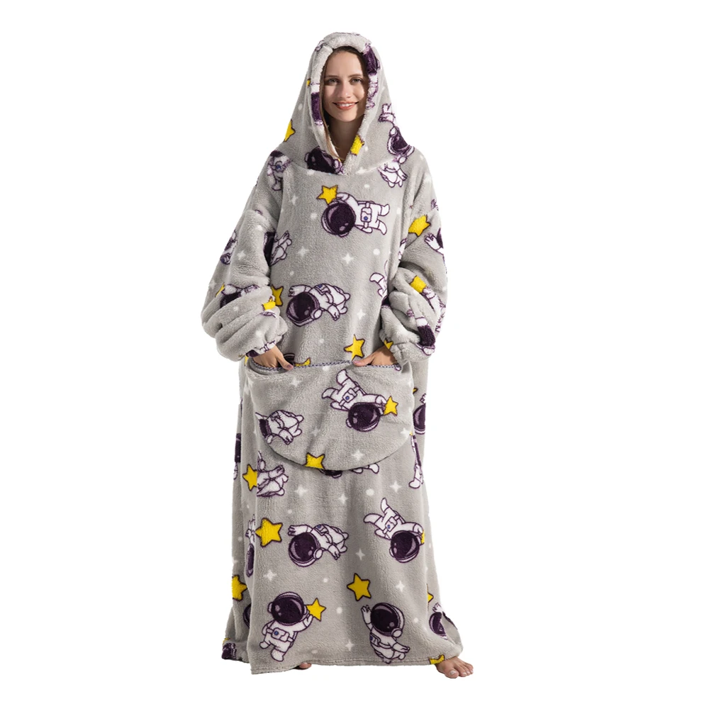 Poncho Couverture Oversize Gris motif Astronaute en Polaire Sherpa – Sweat à Capuche Ultra Chaud pour Adulte