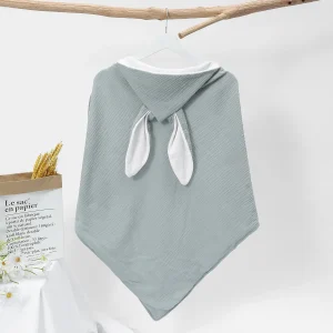 Serviette de Bain Bébé à Capuche Vert/Gris en Coton – Cape Douce avec Oreilles de Lapin, Peignoir et Couverture d’Enveloppement pour Nouveau‑Nés et Enfants