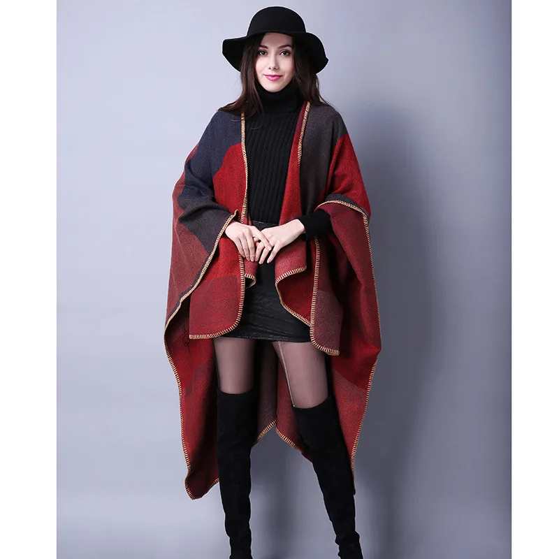Poncho Cape Rouge Épais d’Hiver à Carreaux – Châle Doux en Polaire pour Femme, Coupe Ample et Ouverte