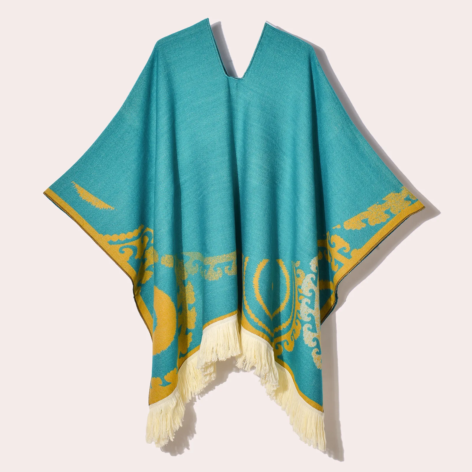 Poncho d’Hiver à Capuche Bleu turquoise et Jaune Style Ethnique – Cape Jacquard Chaude avec Franges pour Femme et Homme