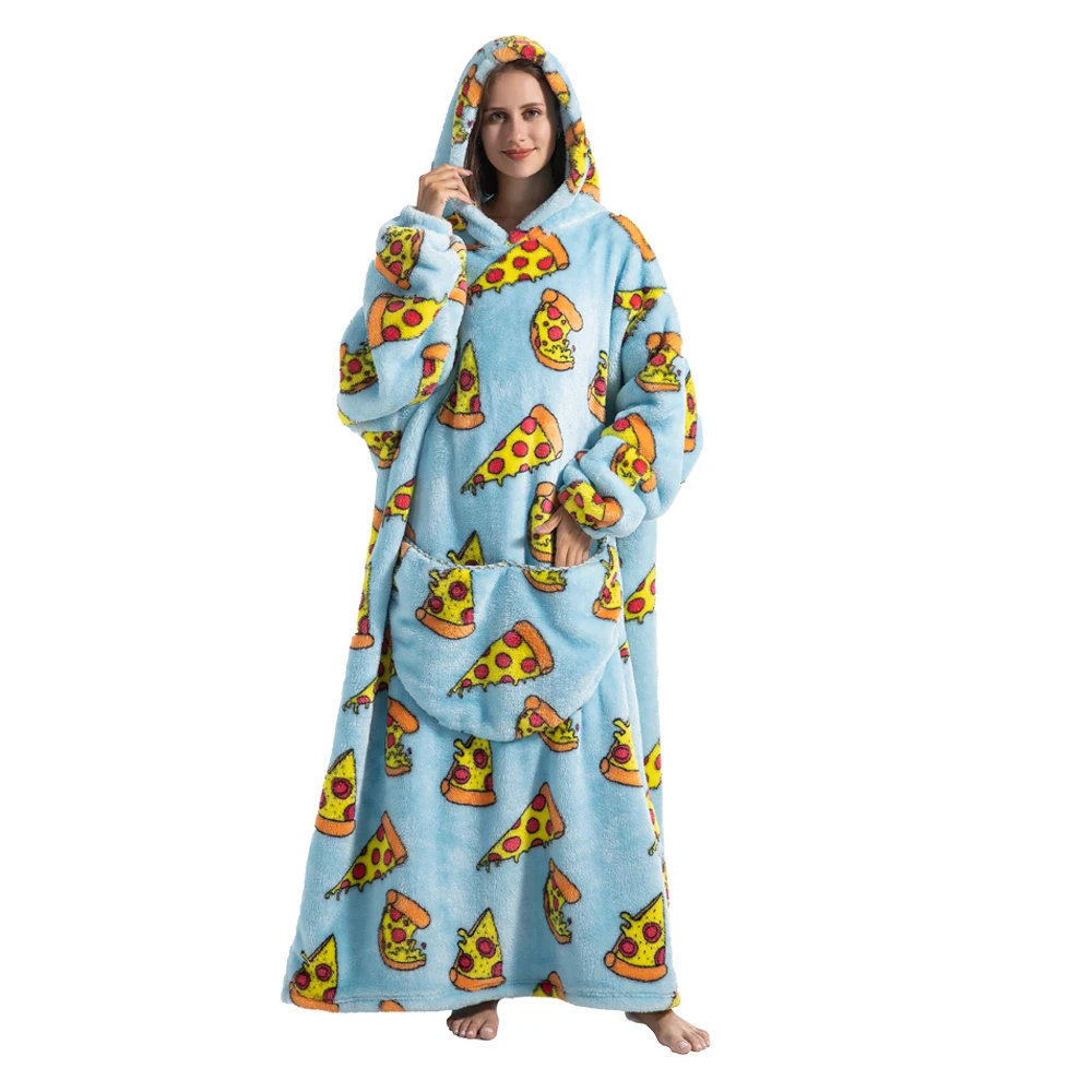 Poncho Couverture Oversize Bleu Pizza en Polaire Sherpa – Sweat à Capuche Ultra Chaud pour Adulte