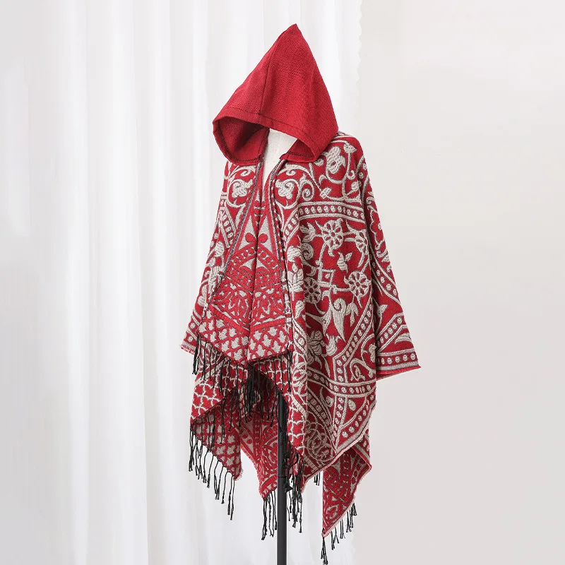 Poncho Homme Hiver Rouge – Cape à Capuche Imitation Laine, Tissé avec Fente Latérale, Style Moderne et Confortable