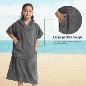 Poncho de Bain Enfant en Microfibre Gris – Serviette Douce à Capuche pour 5 à 12 Ans