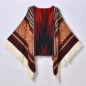 Poncho d’Hiver à Capuche Rouge Orangé Style Ethnique – Cape Jacquard Chaude avec Franges pour Femme et Homme
